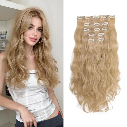 Miniatura 18 de Extensiones rubias onduladas con clip, de 18 pulgadas de largo, sintéticas, invisibles, gruesas, postizas, para mujeres, 5 piezas, rizadas, suaves