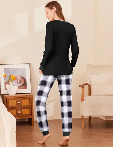 Miniatura 213 de Ekouaer Conjunto de pijama de manga larga para mujer, ropa de dormir suave con cuello redondo y bolsillos