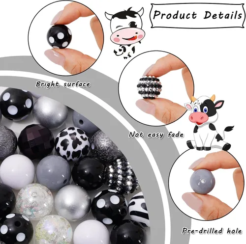 Miniatura 3 de Whaline 50 cuentas de goma de mascar gruesas de 0.78 pulgadas (0.787 in), 12 estilos mixtos de color negro, blanco y gris, cuentas espaciadoras