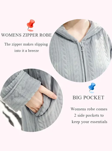 Miniatura 3 de Artfasion Bata larga con cremallera frontal y capucha para mujer, ropa de dormir de longitud completa para mujer