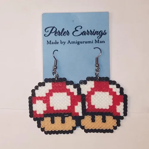 Miniatura 3 de Pendientes de hongos Perler – Orejas de acero inoxidable – 1UP / Power Up Setas