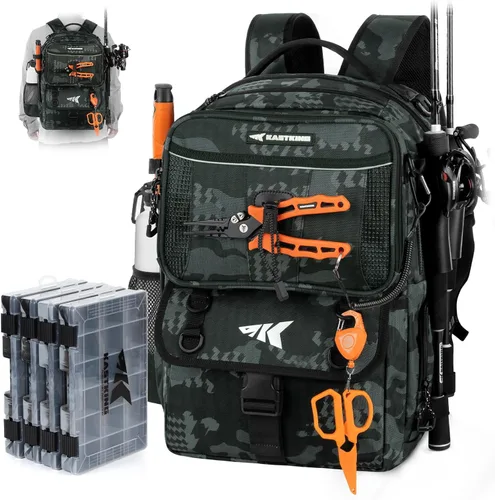 Miniatura 13 de KastKing BaitSpace 50L Mochila para equipo de pesca con encuadernador de cebo removible, 2 soportes para cañas, almacenamiento para equipo y H