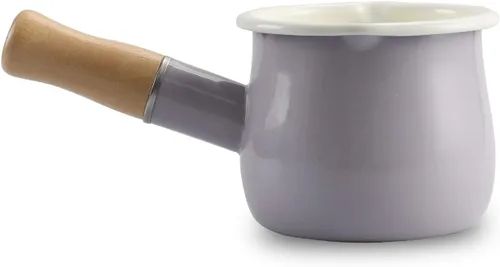 Mini Olla de Leche Esmaltada de 0.6 Cuartos Mango de Madera Aislado 2 Picos Vertedores Calentador de Alimentos Pequeño Cacerola Bonita (D015, Morado)