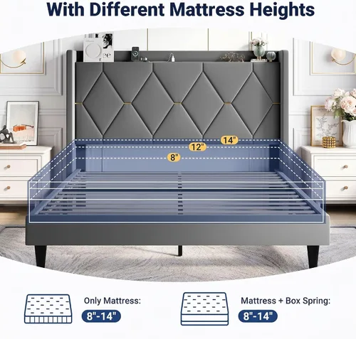 Miniatura 7 de Allewie Base de cama tapizada Velvet Queen con cabecera de almacenamiento con respaldo alado y estación de carga, cama de plataforma con diseño Gris