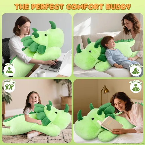 Miniatura 4 de SuzziPals Triceratops de peluche gigante de 43 pulgadas, animal de peluche de dinosaurio gigante realista para aliviar el estrés y compañero