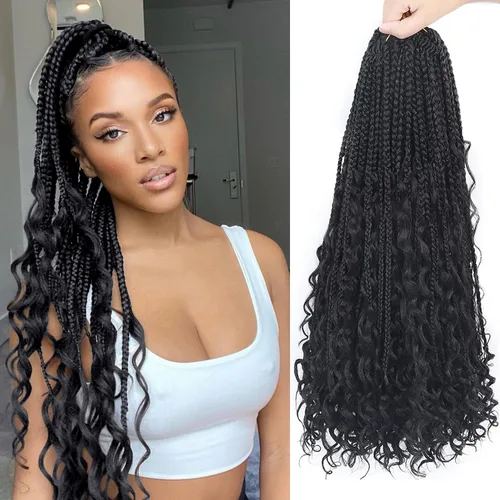 Trenzas de caja diosa de ganchillo con puntas rizadas de 20 pulgadas, trenzas de ganchillo bohomianas, paquete de 8 trenzas 3X, extensiones de 1b
