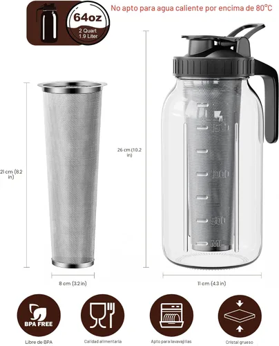 Miniatura 2 de Cafetera de Café Frío de 64oz, Cafetera para Café Helado con Filtro de Acero Inoxidable 304, Jarra Mason con Tapa y Caño (Negro)