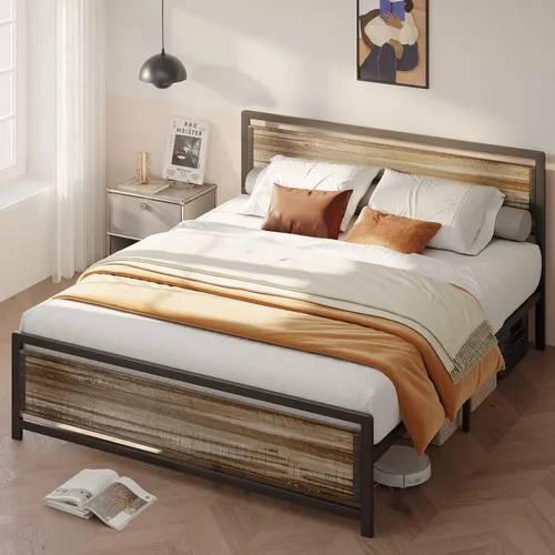 Miniatura 3 de Gizoon Cama de plataforma de metal Queen con cabecera de madera, listones de hierro de 15 pulgadas, gran almacenamiento debajo de la cama, sin Gris