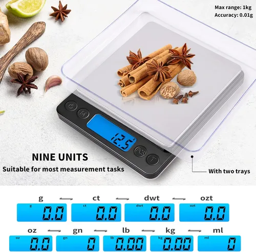 Miniatura 5 de Pequeña báscula digital de gramos 1000g por 0.01g, báscula de alta precisión MEIYA para onzas y gramos de alimentos, actualización de carga USB Negro