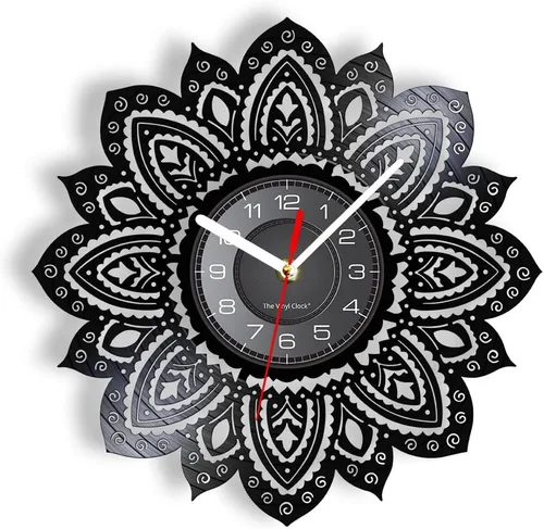 Reloj de pared de disco de vinilo con forma de loto de mandala de 12 pulgadas, diseño moderno de flor, silencioso, de cuarzo, sin tictac, reloj de