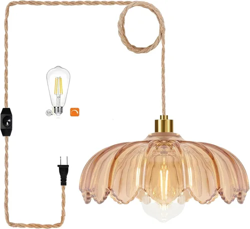 Miniatura 17 de Lámpara colgante de ratán para enchufar, con cable de enchufe, lámpara colgante de bambú regulable, tejida a mano estilo bohemio, pantalla