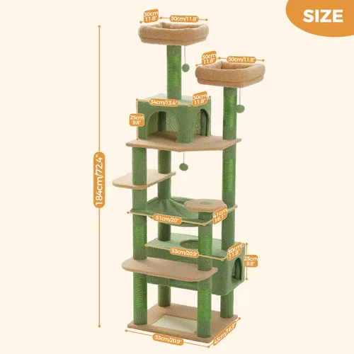 Miniatura 2 de PAWZ Road Árbol grande para gatos de 72 pulgadas y torre para gatos de interior, con postes rascadores cubiertos de sisal, perchas acolchadas, Verde