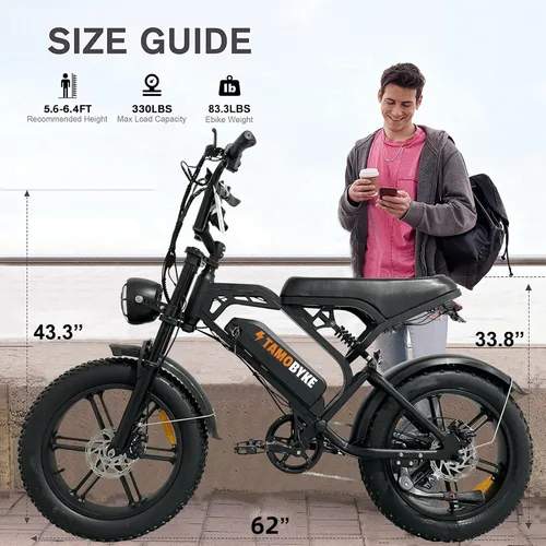 Miniatura 9 de Tamobyke Bicicleta eléctrica estilo ciclomotor de 750 W/1500 W para adultos, 28 mph/30 mph/33 mph y rango PAS de 34 a 80 millas, batería más grande