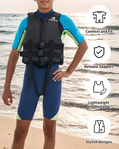 Miniatura 3 de Owntop Chaquetas de natación para niños y adultos de 50 a 125 libras de hebillas dobles, cremallera y correa de entrepierna, chaleco de esquí ligero