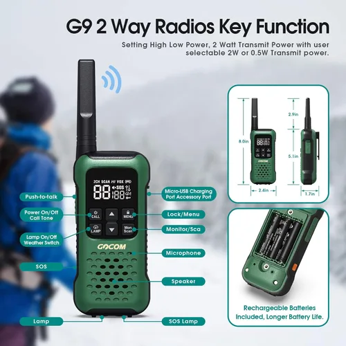 Miniatura 7 de GOCOM G9 Walkie Talkie impermeable para adultos de largo alcance, radio flotante portátil de dos vías, alerta meteorológica NOAA, SOS, linterna