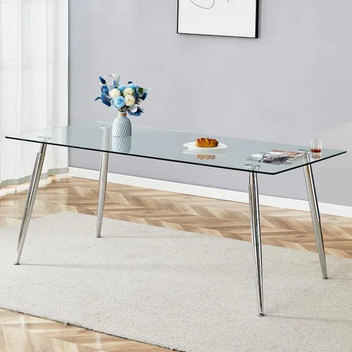 Miniatura 3 de A 71"x35.4" Heat Resistant Clear Tempered Glass Dining Table with Silver Metal Legs