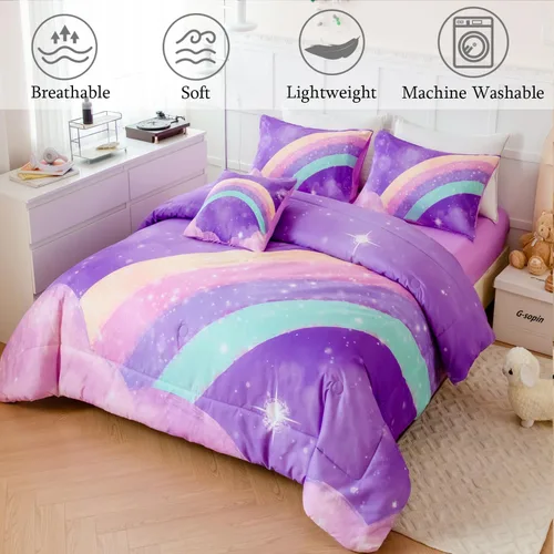 Miniatura 2 de ANGIYUIN - Juego de edredón infantil de gradiente arcoíris púrpura profundo, 6 piezas, ropa de cama con purpurina brillante para niñas, juego