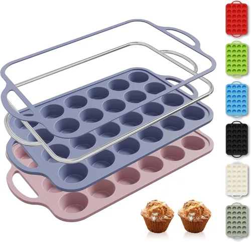 Miniatura 30 de 2 paquetes de 12 tazas de molde para magdalenas de silicona para hornear con marco reforzado de metal, molde para cupcakes de tamaño regular, Crema
