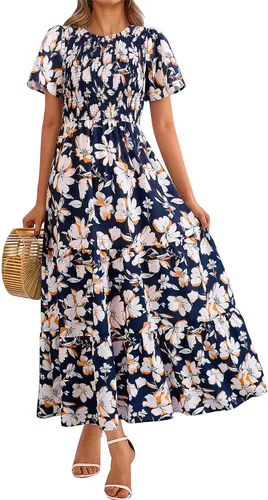 Miniatura 9 de PRETTYGARDEN - Vestido largo casual de verano para mujer, manga corta acampanada, bohemio, floral, cuello redondo, vestido blusón, escalonado