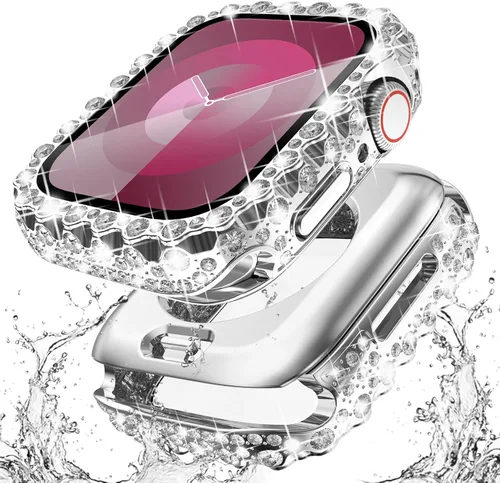 Miniatura 22 de Surace Estuche 2 en 1 impermeable brillante compatible con Apple Watch Series 9/8/7 de 45 mm, protector de pantalla, borde de encaje, diamante