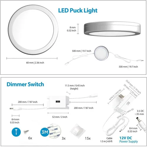 Miniatura 6 de EShine Luces de disco para debajo del gabinete con sensor de onda manual, luces LED circulares para gabinete, regulables, paquete de 12, blanco frío