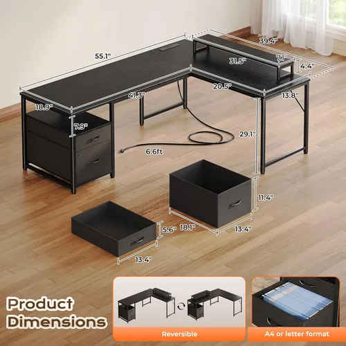 Miniatura 2 de PRAISUN Escritorio en forma de L de 55 pulgadas con tomas de corriente y puerto USB-C, escritorio de oficina en casa con cajones de tela de archivos