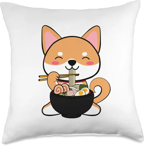 Miniatura 5 de jovy fits Kawaii Shiba Inu Eating Ramen Bonita almohada de regalo de anime japonés, 16 x 16 pulgadas, multicolor
