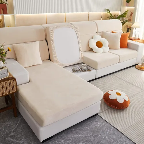 Miniatura 8 de Fundas de cojín de terciopelo para sofá, funda de cojín de alta elasticidad universal para sofá de 4/3/2/1 plazas, protector de muebles Beige