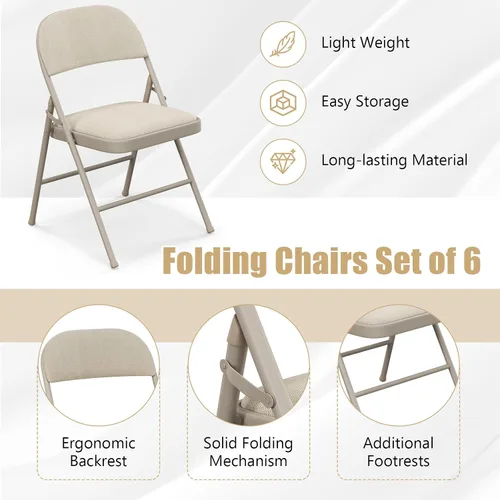 Miniatura 6 de GOFLAME Paquete de 6 sillas plegables, juego de sillas de comedor de tela con asiento acolchado y marco de metal, asiento comercial tapizado