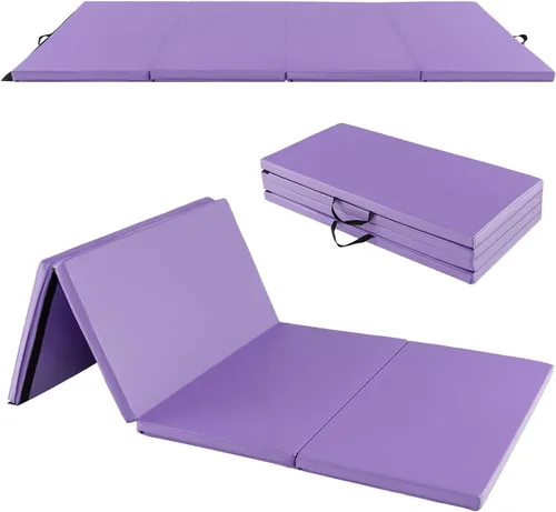 Miniatura 9 de GYMAX Colchoneta de gimnasia, 4 x 8 x 2 pulgadas, plegable, gruesa, con asas de transporte y costuras resistentes, cubierta de piel sintética Púrpura