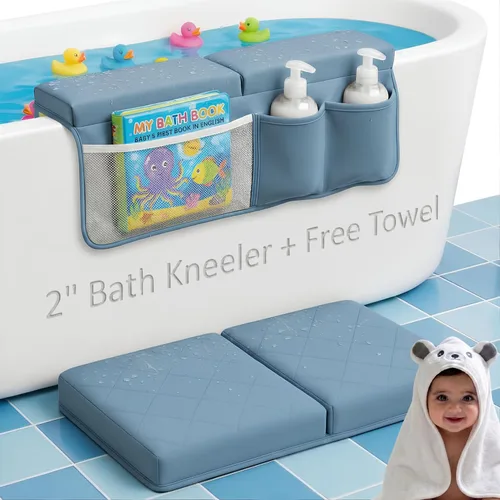 Juego de rodilleras y coderas de baño extra gruesas de 2 pulgadas + toalla con capucha con almohadilla bordada para bañar al bebé. Alivio del dolor