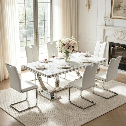 Miniatura 43 de Juego de mesa de comedor de mármol para 4, mesa de cocina rectangular de mármol blanco de 70 pulgadas con base en O de acero inoxidable dorado