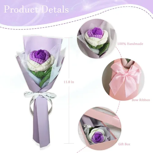 Miniatura 2 de Ramo de rosas de ganchillo hecho a mano, flores tejidas a mano, decoración del hogar, regalos de cumpleaños para mujeres, esposa, niña, novia, día