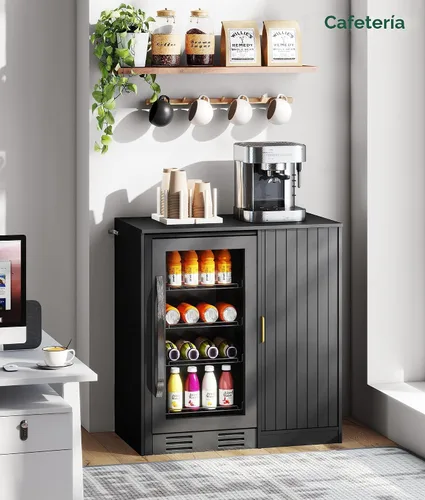 Miniatura 9 de Lamtor Barra de café con espacio para mini refrigerador, gabinete de barra de café con toma de corriente, mini gabinete de nevera estriado