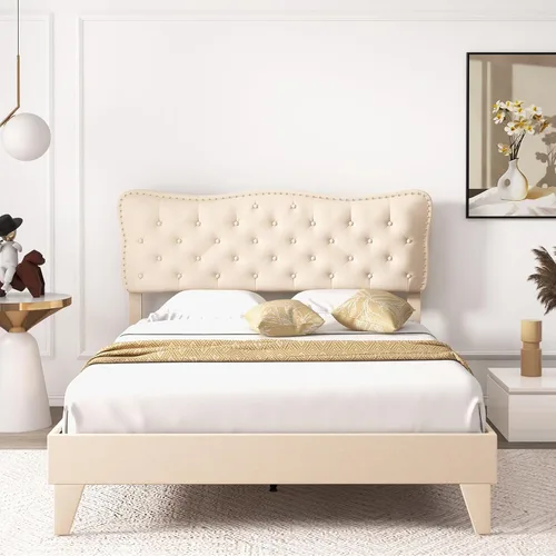 Miniatura 3 de Giantex Base de cama tamaño Queen color beige, plataforma tapizada de tela de lino con cabecera de clavos, base de colchón con botones y listones