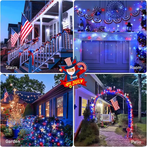 Miniatura 7 de JMEXSUSS Luces rojas blancas y azules con cable transparente, 66 pies, 200 luces LED para decoración del 4 de julio, luz de Navidad para celebración