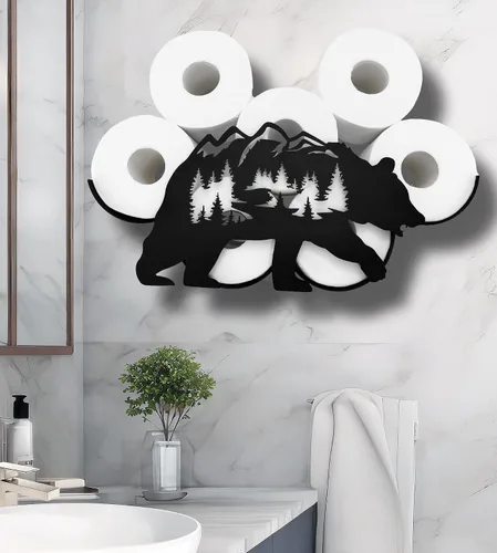 Miniatura 2 de Bear - Almacenamiento de papel higiénico de pared de metal, divertido soporte de papel higiénico negro, soporte de papel de metal decorativo