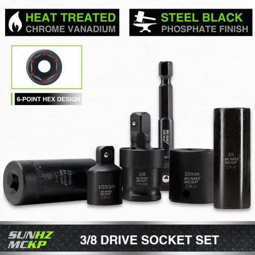 Miniatura 6 de SUNHZMCKP Juego de llaves de impacto de 3/8" de accionamiento, 52 piezas SAE estándar (5/16-3/4 pulgadas) y métricas (8-22mm) de 6 puntos poco