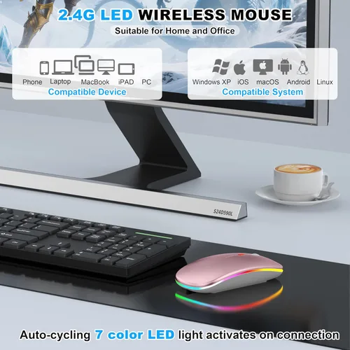 Miniatura 5 de Mouse inalámbrico LED Bluetooth para MacBook Air Mac Pro Laptop iPad – Ratón óptico recargable con luz silenciosa con Jiggler Dual Mode BT5.2 y Rosa