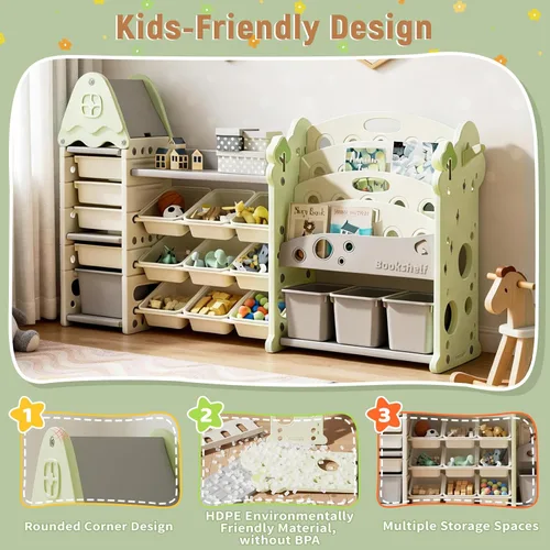 Miniatura 5 de Pipleo Organizador de almacenamiento de juguetes para niños con 17 contenedores extraíbles, estantería de 4 niveles para niños, organizador de Verde