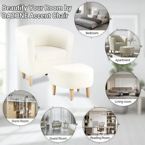 Miniatura 3 de DAZONE Silla decorativa Sherpa con otomana, sillón blanco esponjoso de barril de peluche para sala de estar acogedora, sillas pequeñas y cómodas