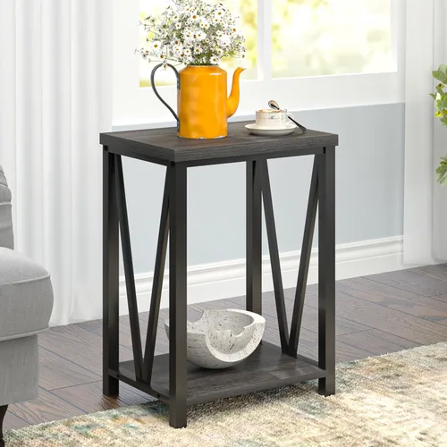 Miniatura 3 de FOLUBAN Mesa auxiliar pequeña, mesa auxiliar de madera rústica y metal con almacenamiento, mesita de noche vintage para sala de estar, dormitorio