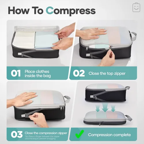 Miniatura 3 de Veken Juego de 11 cubos de compresión para artículos esenciales de viaje, bolsas organizadoras compresibles expandibles grandes para ropa, bolsas
