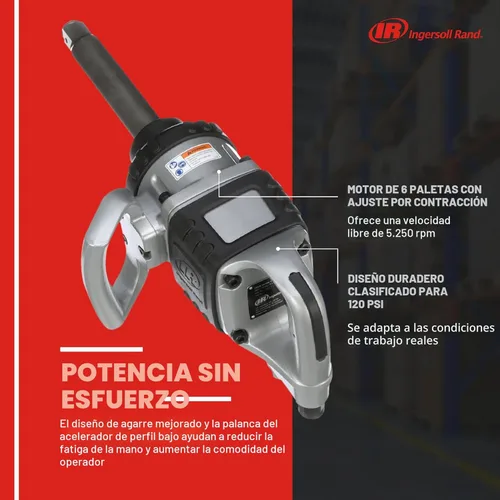 Miniatura 5 de Ingersoll Rand 285B-6 Llave de impacto neumática inalámbrica de 1 pulgada con yunque extendido de 6 pulgadas y 2 asas