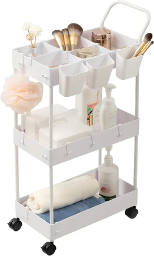 Miniatura 12 de danpinera Carrito de almacenamiento delgado, carrito rodante estrecho de 3 niveles con ruedas, organizador de baño con divisores, mango, ganchos