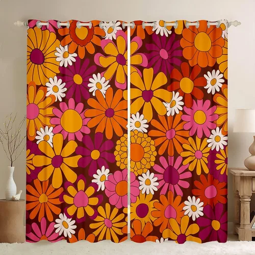 Cortinas opacas para dormitorio, sala de estar, estilo retro hippie, estilo vintage, bohemio, para oscurecer con flores, flores botánicas y