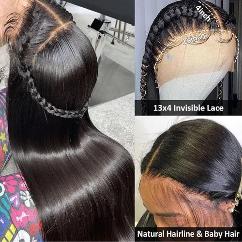 Miniatura 3 de Pelucas de cabello humano lacio con encaje frontal de hueso de 13 x 4 para mujeres negras, densidad del 200 %, peluca frontal de encaje transparente