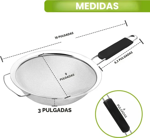 Miniatura 5 de Colador grande de malla fina de 9 pulgadas con mango de goma termoplástica - Tamiz de malla fina de acero inoxidable - Ideal para colar pasta