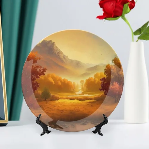 Miniatura 6 de Platos decorativos de otoño para colgar en la pared, pintura de montaña y río, bosque otoñal, placa de cerámica con soporte de exhibición, Otoño