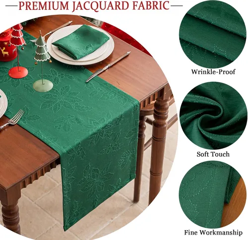 Miniatura 4 de Joyfol Day Caminos de Mesa de Navidad, Impermeable Jacquard Verde Flor de Pascua Camino de Mesa para Navidad Vacaciones Invierno Festival Cocina